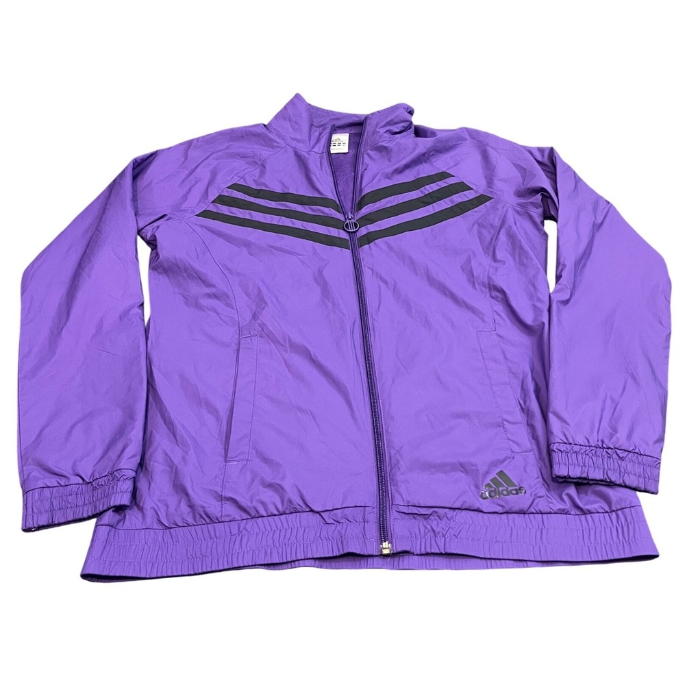 Y2K Adidas Windbreaker Jacket Women M Purple Black 3-Stripe Full Zip Mesh Lining